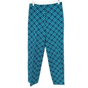 VTG Polyester Knit Wide Leg Bermuda Trousers Blue Green Geometric Plaid Med GUC